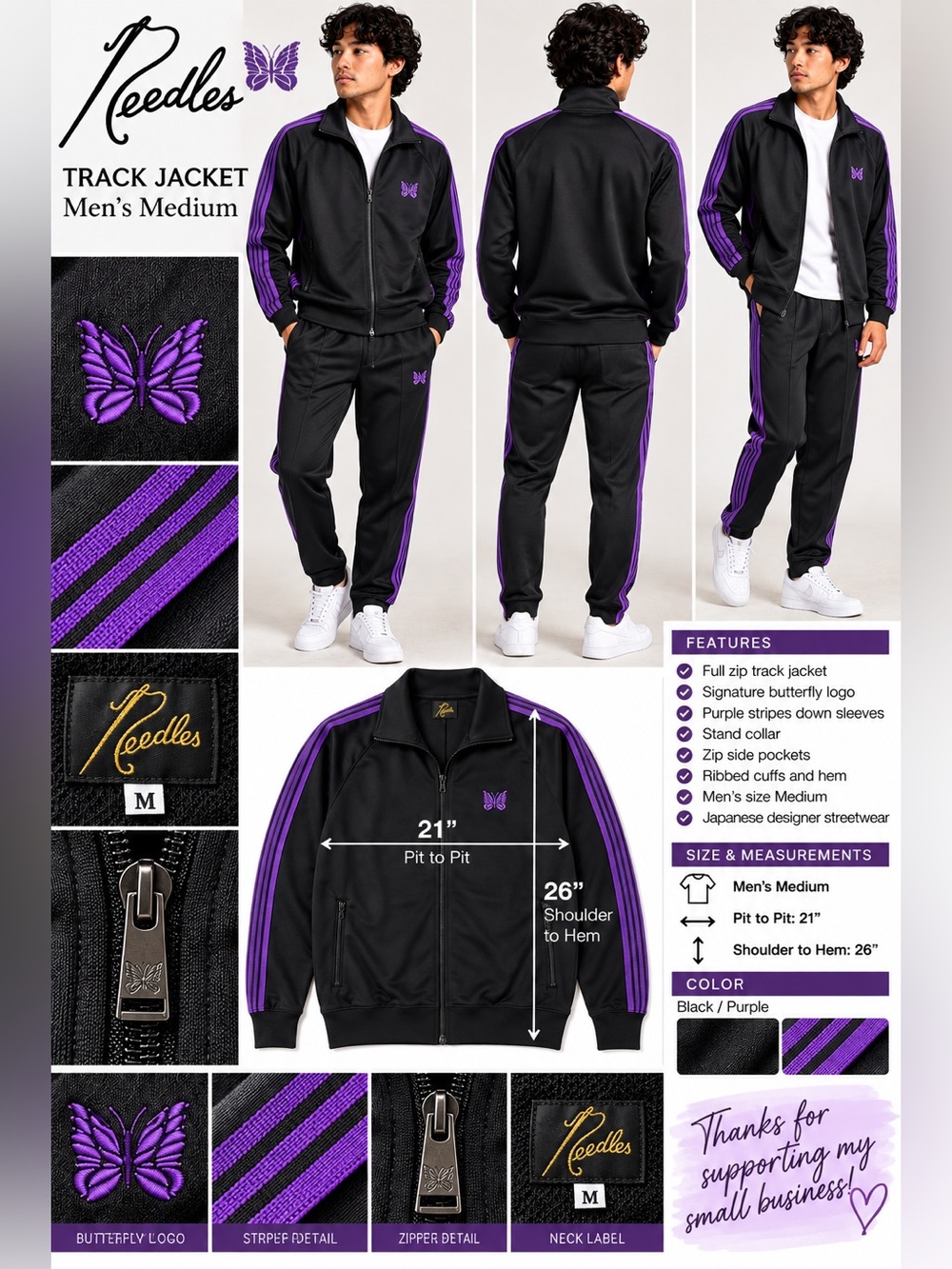 Needles Track Jacket Men’s Medium Black Purple Stripes Butterfly Logo Japan - Picture 1 of 10